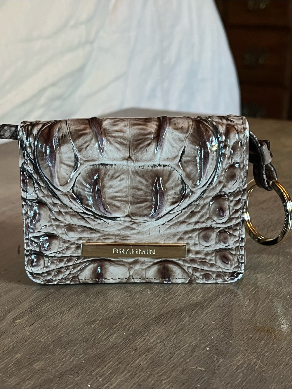 Brahmin Taupe Croc-Embossed Leather Card Case with Keyring